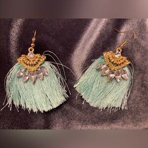 Mint Green Tassel Earrings Gold Tone Rhinestone Accent 2” Drop